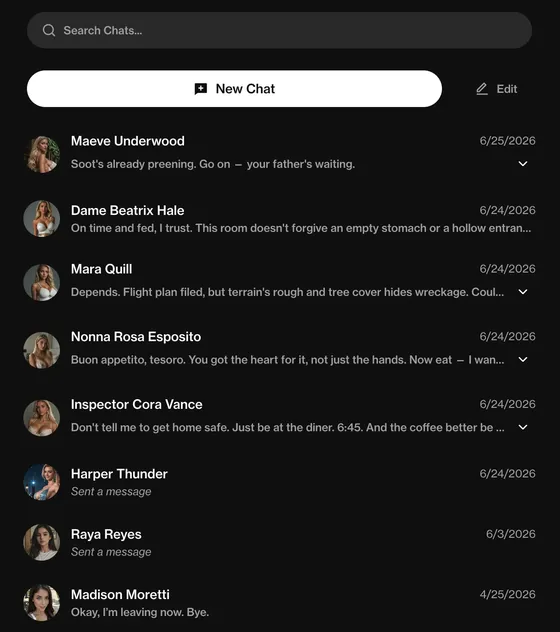 Lista de conversas com várias companheiras IA